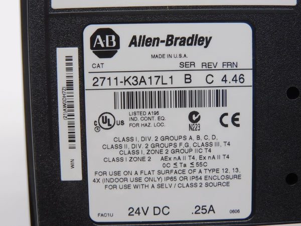 ALLEN BRADLEY 2711-K3A17L1 SER. B F/W 4.46 REV. C 24VDC .25A NSMP
