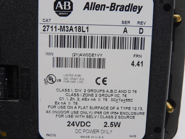 ALLEN BRADLEY 2711-M3A18L1 SER. A F/W 4.41 REV. D 24VDC NSMP