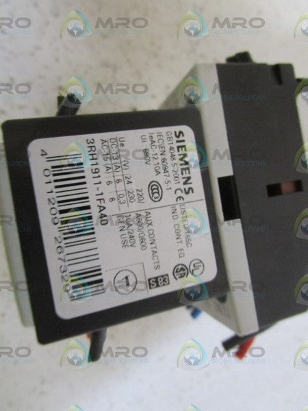 SIEMENS CONTROL RELAY 3RH1122-1AP00 W/ 3RH1911-1FA40 UNMP