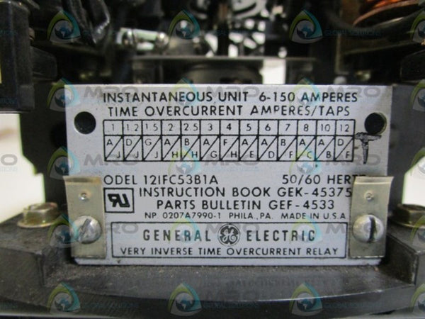 GENERAL ELECTRIC TIME OVERCURRENT RELAY 121FC53B1A UNMP