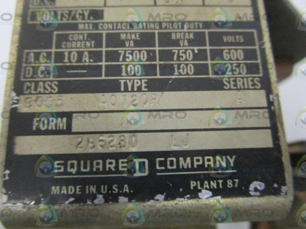 SQUARE D 9055-A0120R SER. A DASHPOT RELAY MAGNETIC CURRENT UNMP