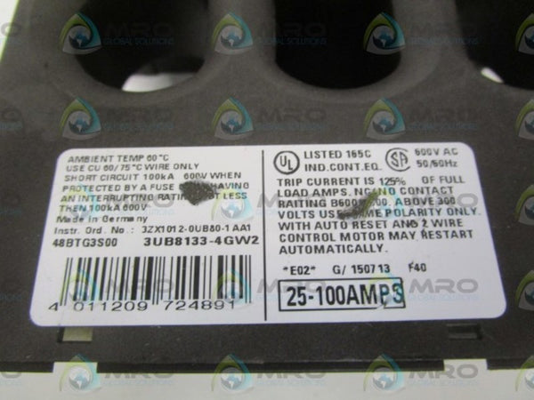 SIEMENS 3UB8133-4GW2 OVERLOAD RELAY 25-100AMPS (AS PICTURED) UNMP