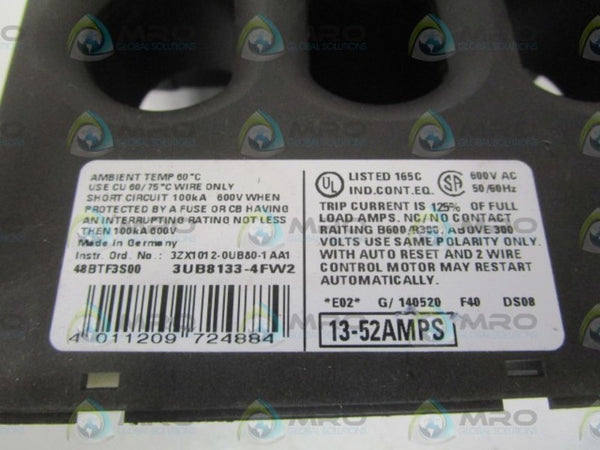 SIEMENS 3UB8133-4FW2 OVERLOAD RELAY 13-52AMPS (AS PICTURED) UNMP