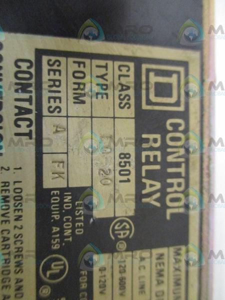 SQUARE D 8501-LO-20 CONTROL RELAY 110/120V (AS PICTURED) UNMP