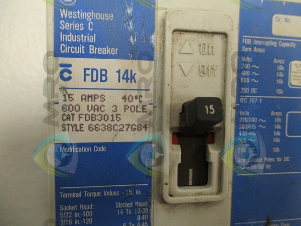 WESTINGHOUSE FDB3015 CIRCUIT BREAKER 15A  UNMP