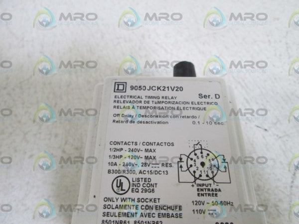 SQUARE D ELECTRICAL TIMING RELAY 9050JCK21V20 UNMP