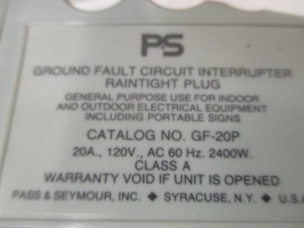 PASS & SEYMOUR GF20-P CIRCUIT INTERRUPTER PLUG GROUND FAULT NSMP