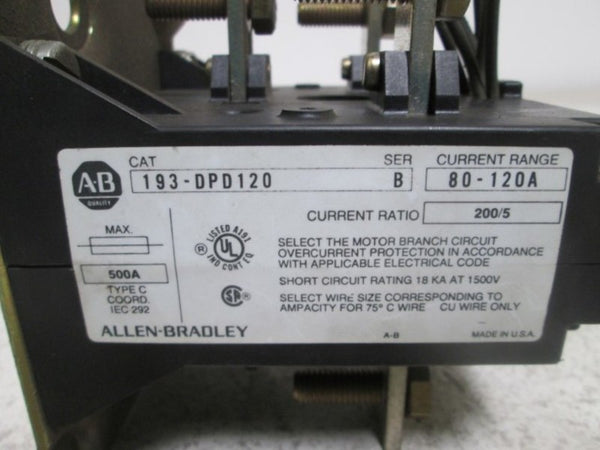 ALLEN BRADLEY 193-DPD120 SER. B OVERLOAD RELAY BI-METALLIC 80-120A UNMP