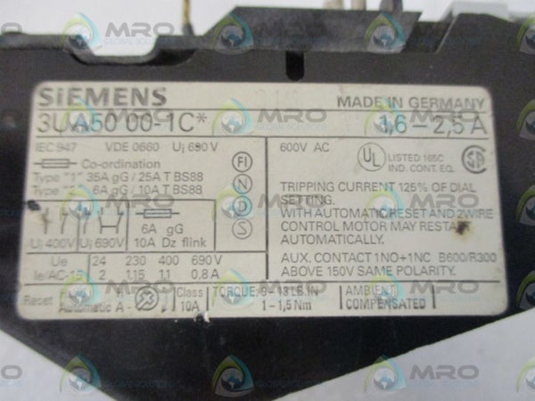 SIEMENS 3UA5000-1C 1,6-2,5A OVERLOAD RELAY UNMP