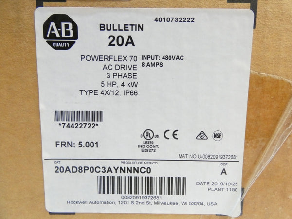 ALLEN BRADLEY 20AD8P0C3AYNNNC0 SER. A F/W 5.001 480VAC 8A NSMP
