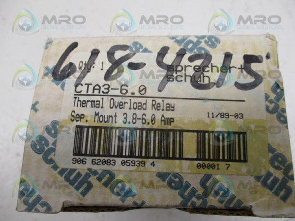 SPRECHNER+SCHUH CTA3-6.0 OVERLOAD RELAY 3.8-6.0 (AS PICTURED) NSMP