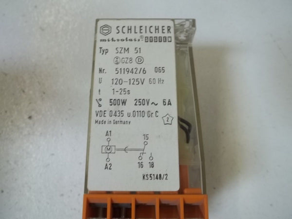 SCHLEIDCHER SZM 51 RELAY 120-125V 1-25S 500W 250V-5A UNMP