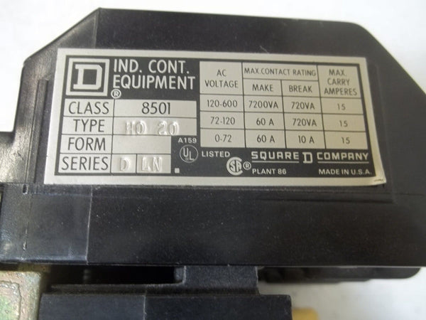 SQUARE D 8501-HO20 SER.D CONTROL RELAY UNMP
