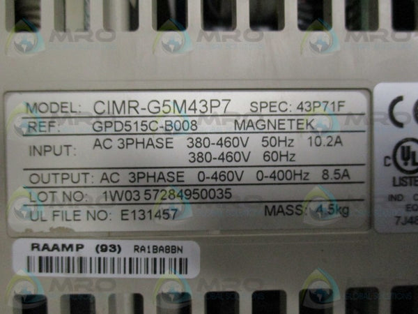 YASKAWA CIMR-G5M43P7 AC DRIVE UNMP