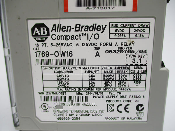 ALLEN BRADLEY 1769-OW16 SER. A F/W 3.1 5-265VAC 2.5A (NO TERMINAL) NSNP