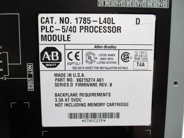 ALLEN BRADLEY 1785-L40L SER. D F/W B 5VDC 3.3A (NO KEY) NSNP