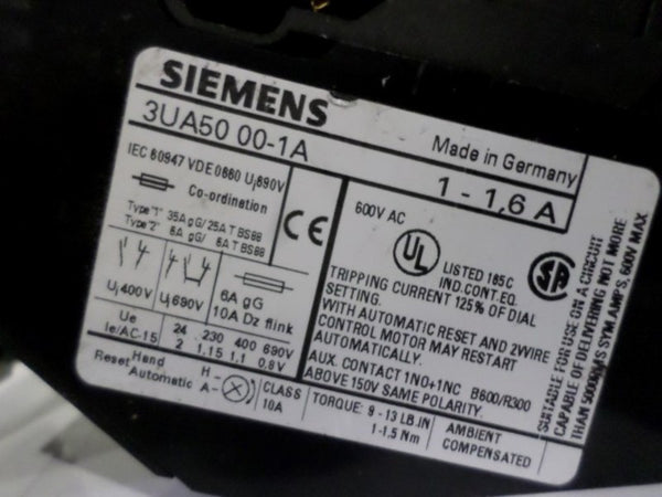 SIEMENS 3UA5000-1A OVERLOAD RELAY 1-1.6A w/ 3UX1418 TERMINAL BLOCK UNMP