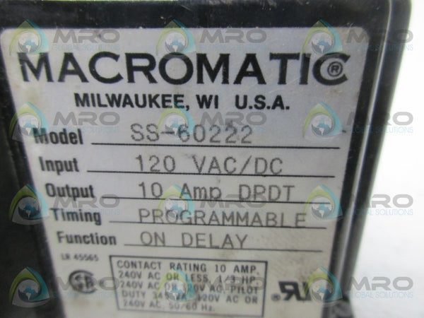 MACROMATIC SS-60222 TIME DELAY RELAY 10AMP 120VAC/DC  UNMP