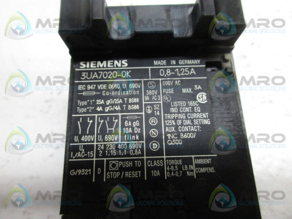 SIEMENS 3UA7020-OK THERMAL OVERLOAD RELAY 0,8-1,25A  UNMP