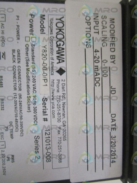 YOKOGAWA Y820-00-0/P1 DIGITAL METER 0-100 NSNP