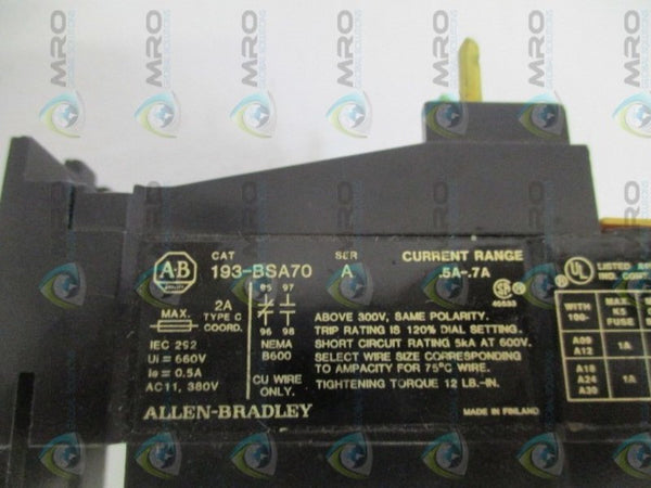 ALLEN BRADLEY 193-BSA70 SER. A OVERLOAD RELAY 0.5-7A  UNMP