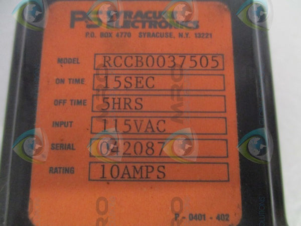 SYRACUSE ELECTRONICS RCCB0037505 TIME DELAY RELAY 15SEC./5HRS. UNMP