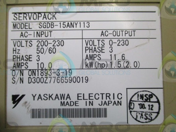 YASKAWA SGDB-15ANY113 SERVOPACK DRIVE UNMP