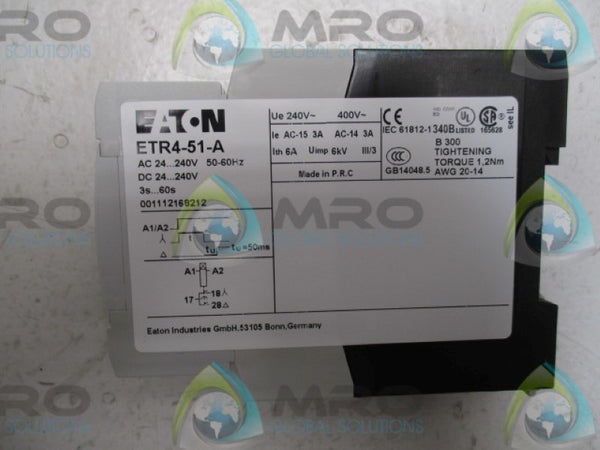 EATON ETR4-51-A TIMING RELAY 3-60SECONDS 24-240V NE WIN BOX