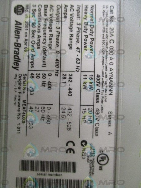 ALLEN BRADLEY POWERFLEX 70 20AC030A0AYNANNN SER. A F/W 1.011 AC DRIVE UNMP