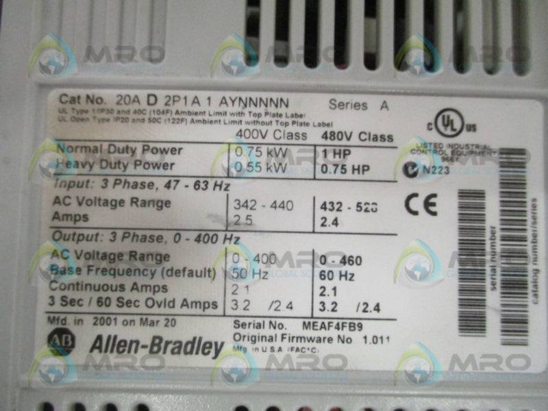 ALLEN BRADLEY POWERFLEX 70 20AD2P1A1AYNNNNN SER. A F/W 1.011 DRIVE UNMP