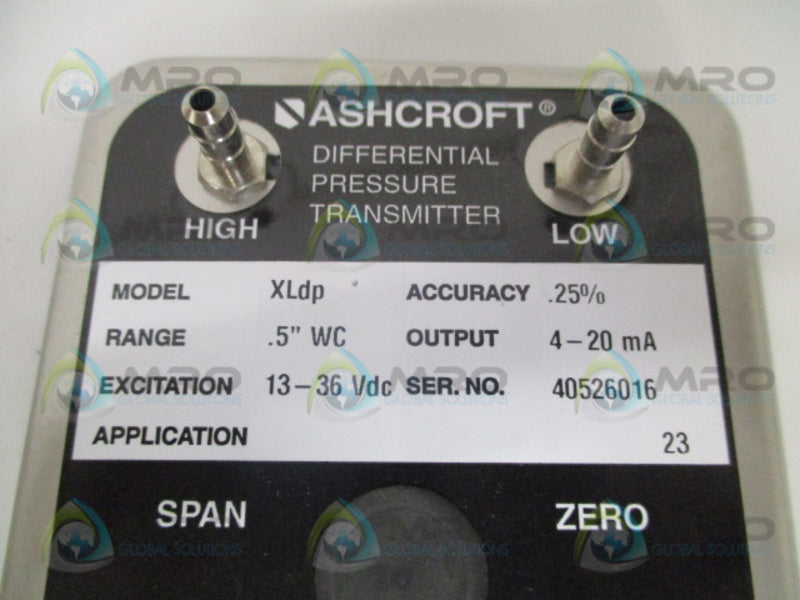 ASHCROFT XLdp XL-3-MB2-42-ST DIFF. PRESSURE TRANSMITTER .5" WC NSMP