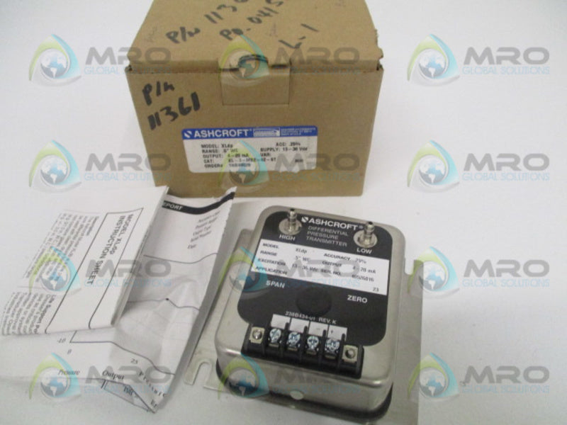 ASHCROFT XLdp XL-3-MB2-42-ST DIFF. PRESSURE TRANSMITTER .5" WC NSMP
