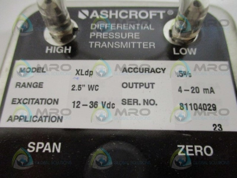 ASHCROFT XLdp XL-5-MB2-42-ST DIFF. PRESSURE TRANSMITTER 2.5"WC NSMP