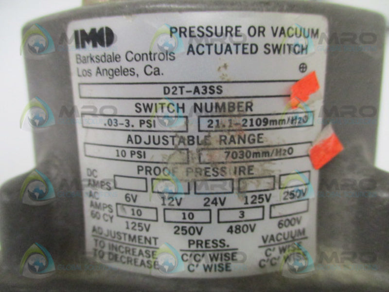 BARKSDALE D2T-A3SS PRESSURE OR VACUUM ACTUATED SWITCH .03-3 PSI UNMP