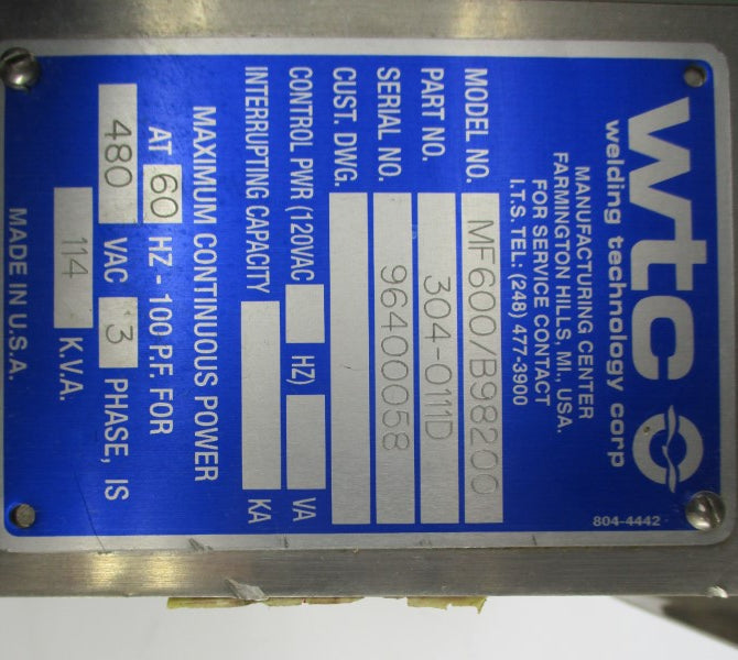 WELDING TECHNOLOGY MF600/B98200 480VAC UNMP