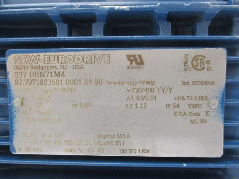 SEW-EURODRIVE S37DRN71M4 230/460V 1.83/0.91A UNMP