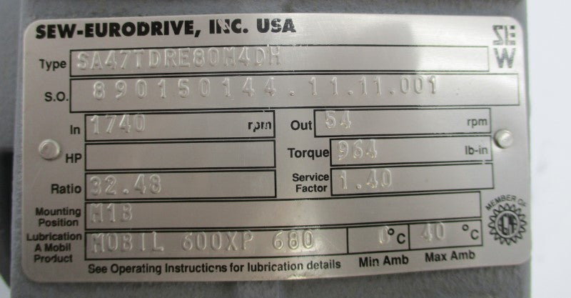 SEW-EURODRIVE SA47TDRE80M4DH DRE80M4DH 460V 2.90A NSNP