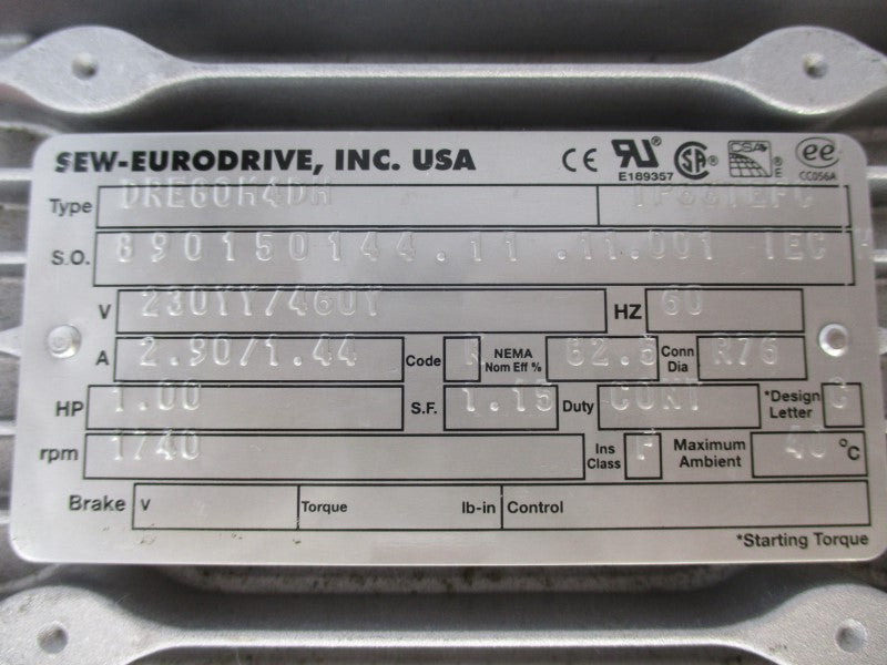 SEW-EURODRIVE SA47TDRE80M4DH DRE80M4DH 460V 2.90A NSNP