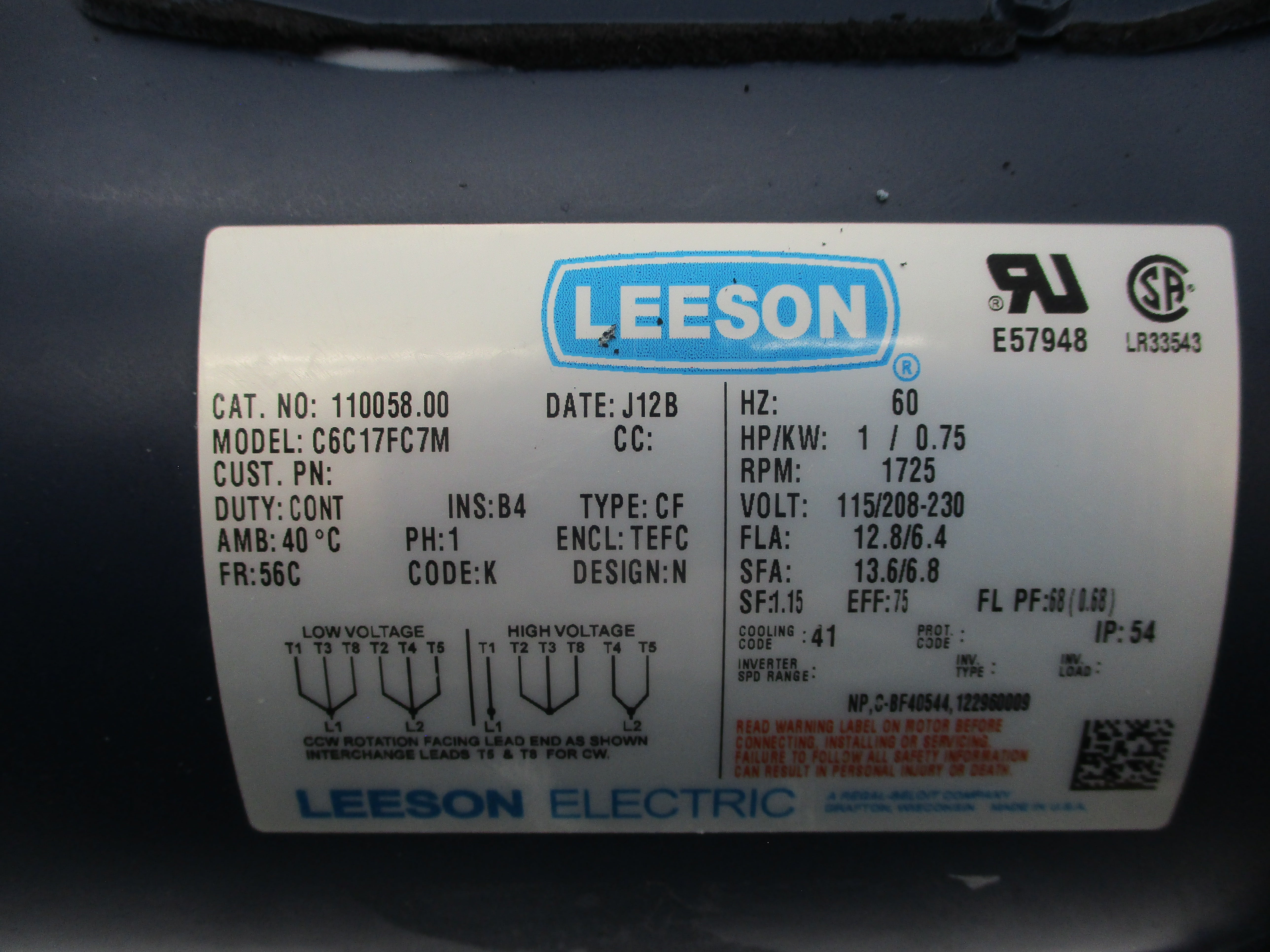 LEESON C6C17FC7M 110058.00 115/208-230V 13.6/6.8A UNMP