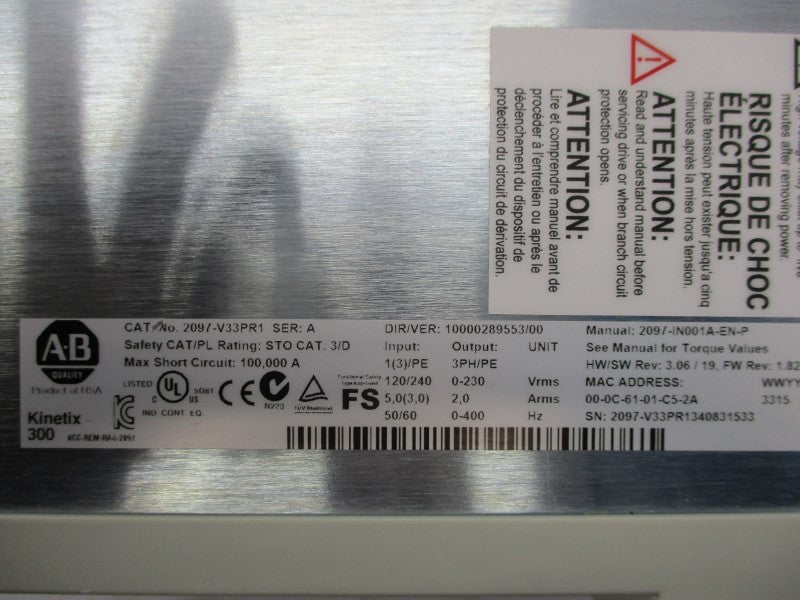 ALLEN BRADLEY 2097-V33PR1 SER. A F/W 1.82 240V REV. 3.06/19 NSNP