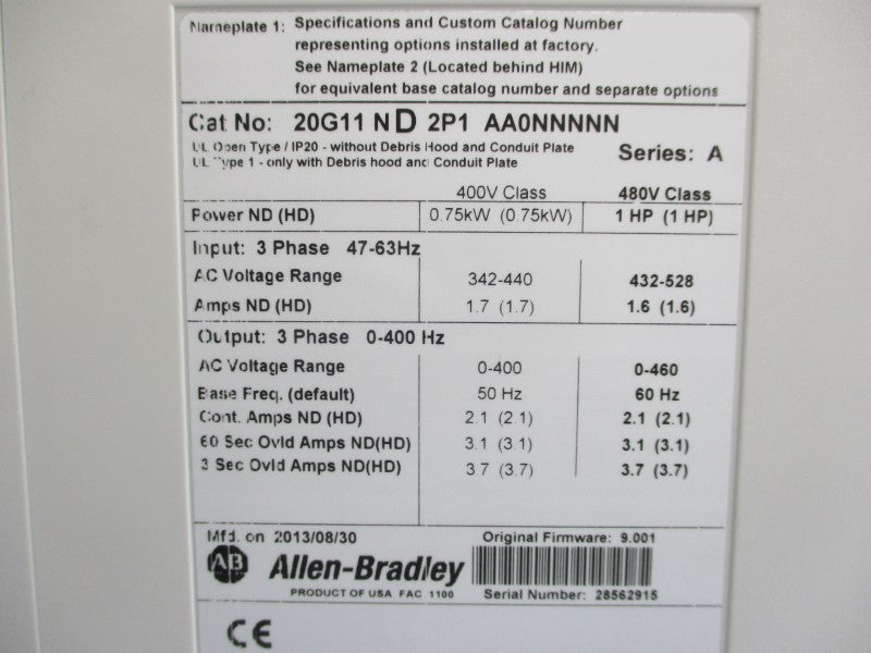 ALLEN BRADLEY 20G11ND2P1AA0NNNNN SER. A F/W 9.001 432-528VAC 1.6A NSNP