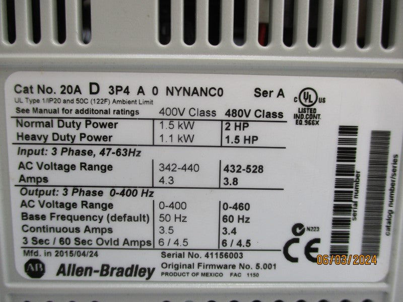 ALLEN BRADLEY 20AD3P4A0NYNANC0 SER. A 480V 3.8A F/W 5.001 NSMP