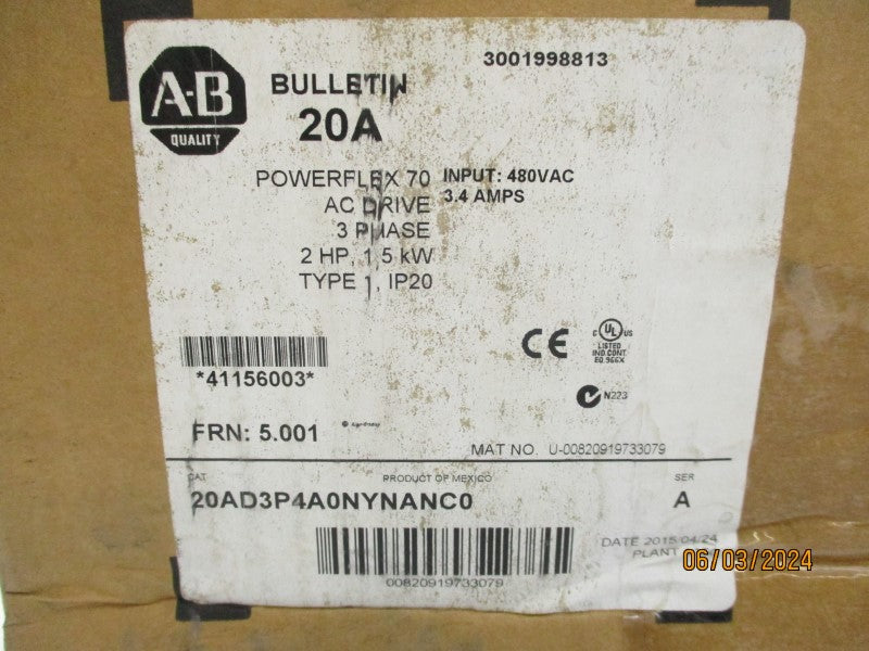 ALLEN BRADLEY 20AD3P4A0NYNANC0 SER. A 480V 3.8A F/W 5.001 NSMP