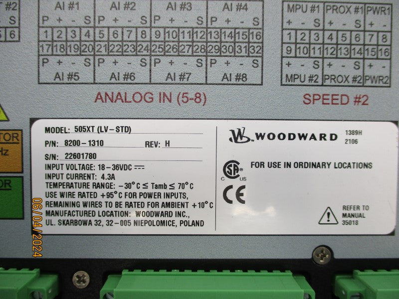 WOODWARD 505XT(LV-STD) 8200-1310 18-36VDC 4.3A NSMP