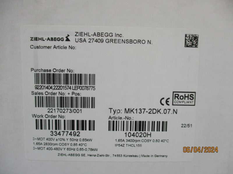 ZEIHL-ABEGG MK137-2DK.07.N 400-480V 1.65A NSMP