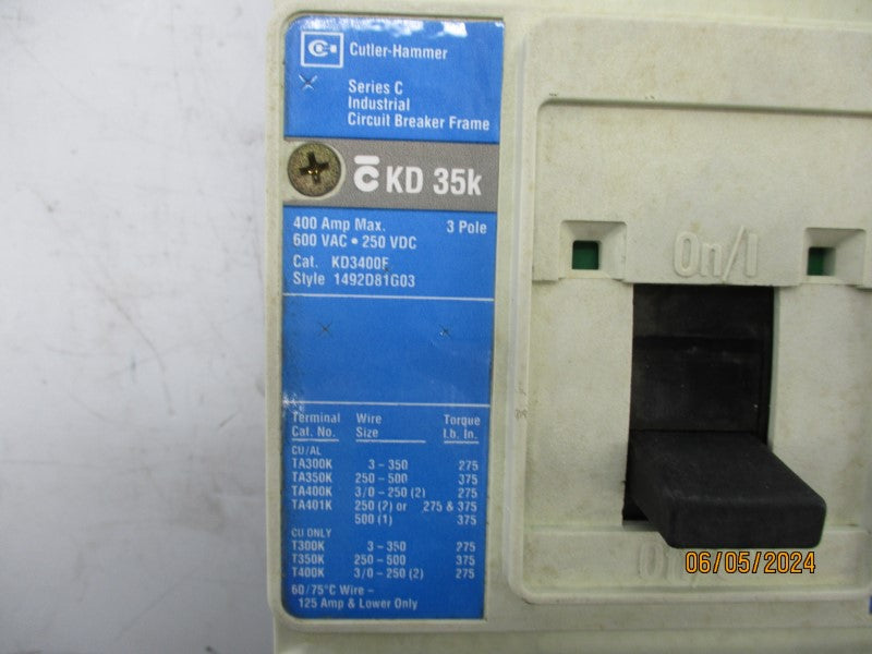 CULTER HAMMER KD3400F 1492D81G03 SER. C 600VAC 400A UNMP