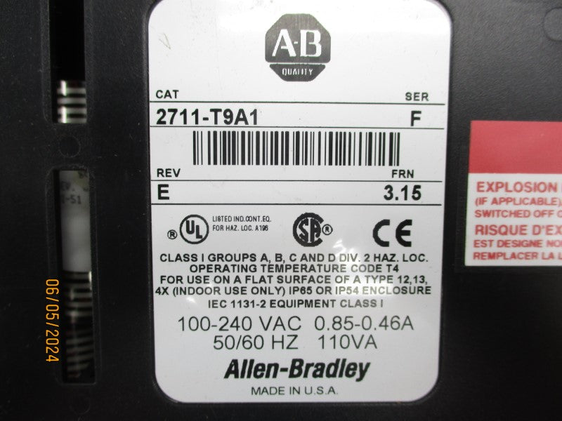 ALLEN BRADLEY 2711-T9A1 SER. F 100-240VAC 0.85-0.46A REV E F/W 3.15 NSNP
