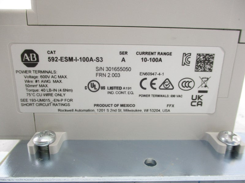 ALLEN BRADLEY 592-ESM-I-100A-S3 SER.A 600VAC 10-100A F/W 2.003 NSMP