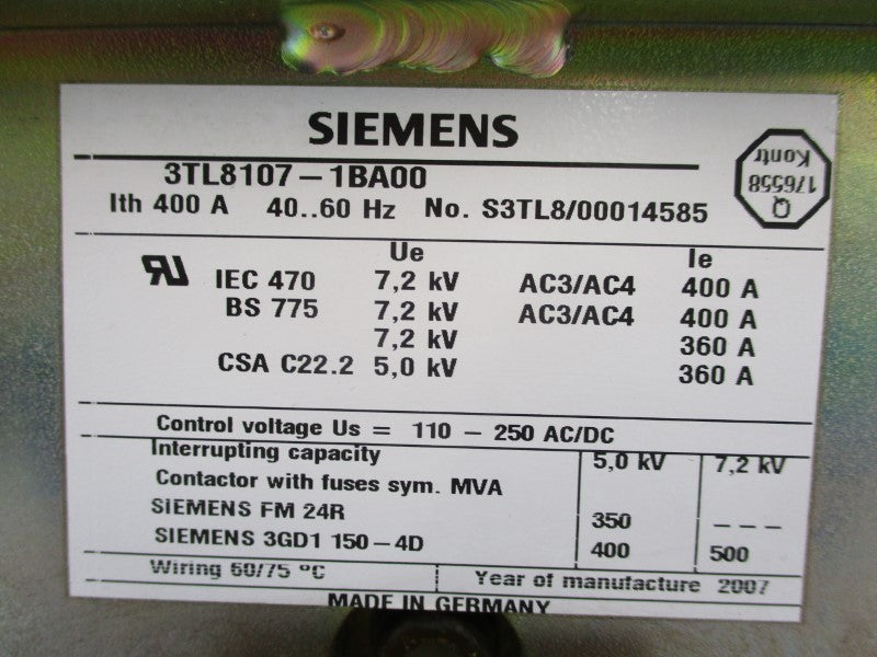 SIEMENS 3TL8107-1BA00 110-250VAC 400A NSNP