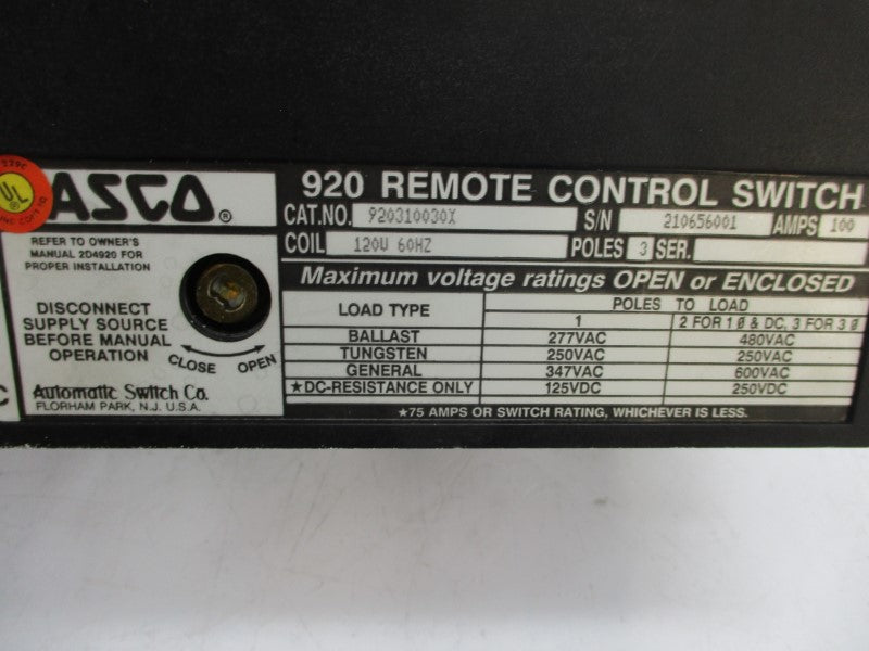 ASCO 920310030X 120V 100A NSNP